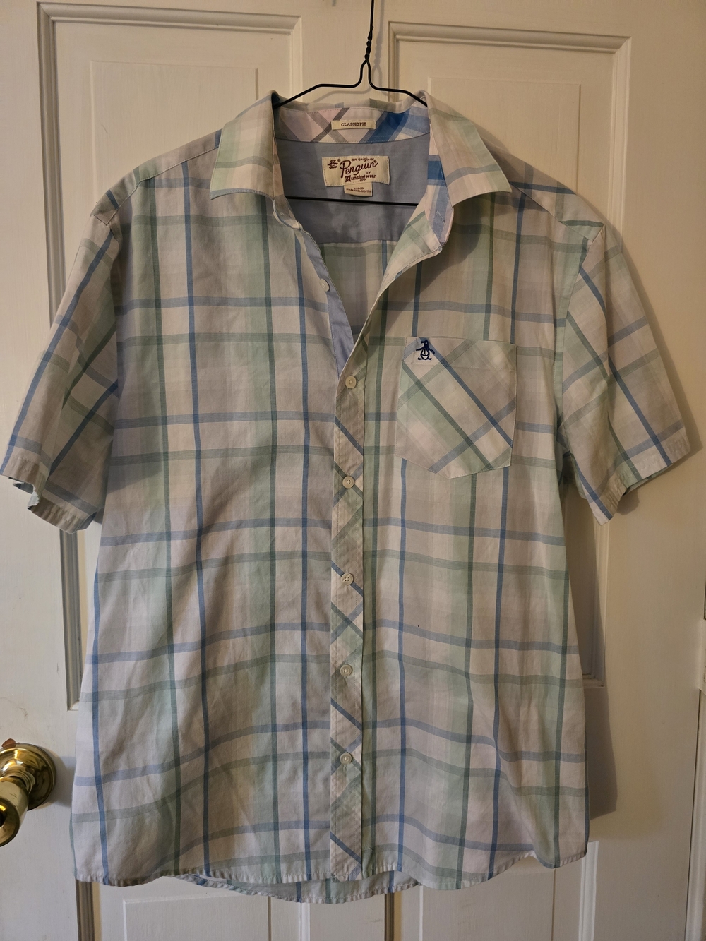 Original Penguin Mens Short-Sleeve Plaid Shirt – Light Blue & Green Size L